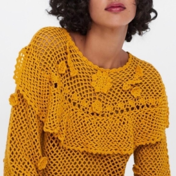 NWT Zara Mustard Crochet Knit Sweater Ruffle - Picture 5 of 6